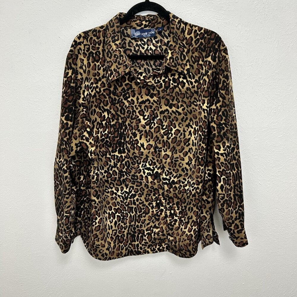 Susan Graver Blouse Size 1X Brown Women's Long Sleeve Animal‎ Print Button Up